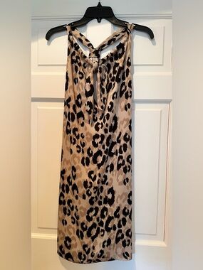 TRINA TURK Leopard Print Tie-Neck Dress in Beige and Black NWT
